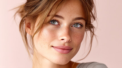 Fototapeta premium A young woman with freckles, blue eyes, and light brown hair smiles softly against a pale background.