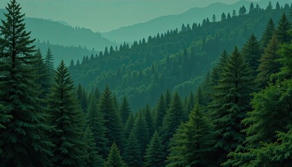 A serene view of a dense green forest with layers of trees and mountains in the hazy distance