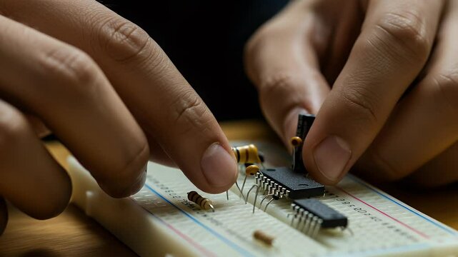 Close-up of Hands Assembling Electronic Components on a Breadboard