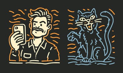 Vibrant Doodle of Man Taking Selfie with Playful Cat Illustration