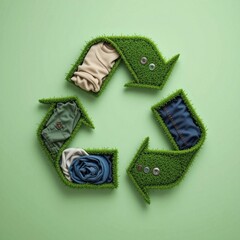 Clothing recycling: image shows a green recycling symbol filled with various folded clothes on a light green background, symbolizing the concept of textile recycling and sustainable fashion consumptio