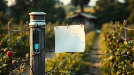 a paper hold on a fence in a berry orchard