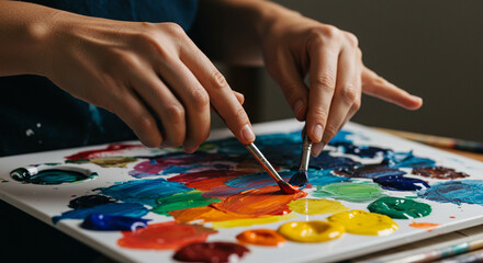 Obraz premium Close-Up of Artist Mixing Vibrant Paints on Palette with Two Brushes
