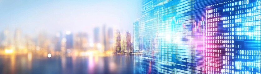Fototapeta premium Data streams over a blurred city skyline create a digital future vision