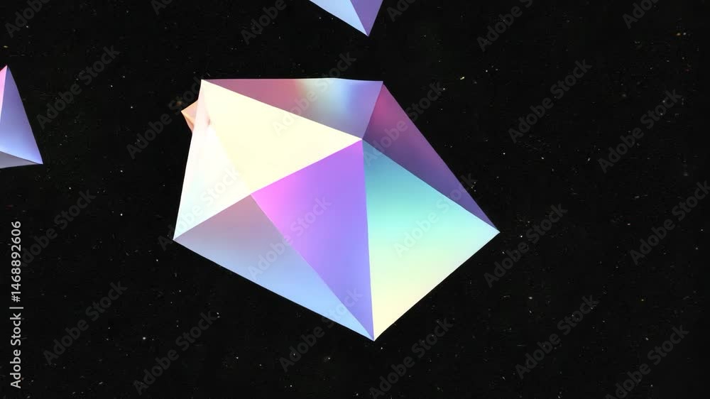 Poster holographic geometric shapes floating in dark space abstract background with iridescent effects and 