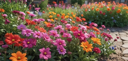Obraz premium Close-up of vibrant blooming flowers in a garden bed, gardening, blue
