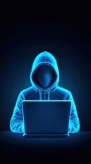 A hacker with glowing blue outline uses a laptop in a dark environment.