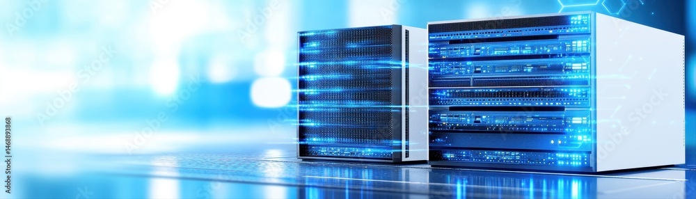 Aufkleber two server racks with blue lights process data in a clean environment.