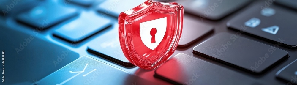 Poster a red shield with keyhole rests on the dark keyboard in focus.