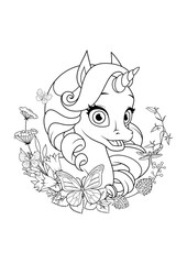 An elegant winged unicorn depicted in clean line art style, perfect for use in coloring activities, artistic inspiration, or creative design projects. Captures fantasy and beauty