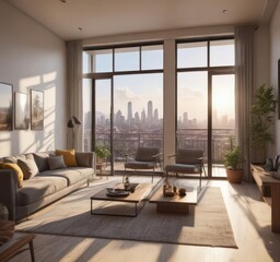 Fototapeta premium Sun-drenched modern living room with city view balcony, decor, apartment, interior