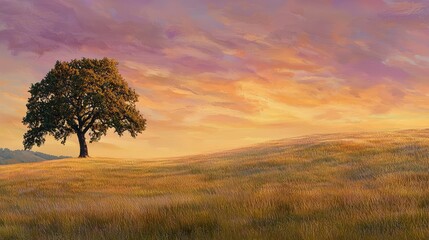 Fototapeta premium A serene sunset over a rolling grassy hill, with a towering tree in the foreground against a sky painted in warm oranges and purples.