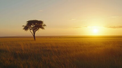 A serene sunset with a wide-open grassy field stretching to the horizon, where a solitary tree stands bathed in soft, golden light.