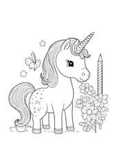 An elegant winged unicorn depicted in clean line art style, perfect for use in coloring activities, artistic inspiration, or creative design projects. Captures fantasy and beauty