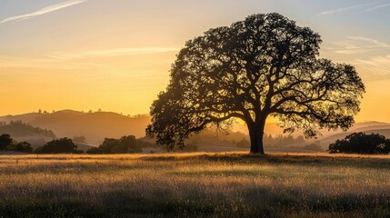 Fototapeta premium A serene sunset with gentle golden light spilling over a quiet meadow, highlighting a majestic tree standing at its heart.