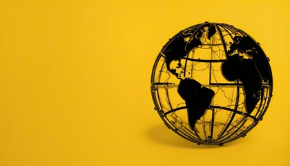 A black wireframe globe with continents on a bright yellow background creating a minimalist design
