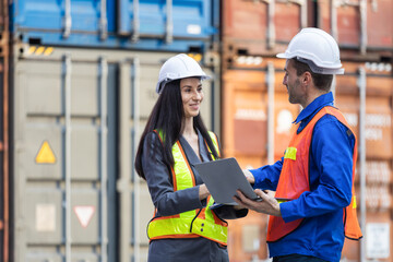 Logistics Team doing Handshake at Shipping Yard, Engineers Foreman and Businesswoman Inspecting Containers Box in Industry Containers Cargo
