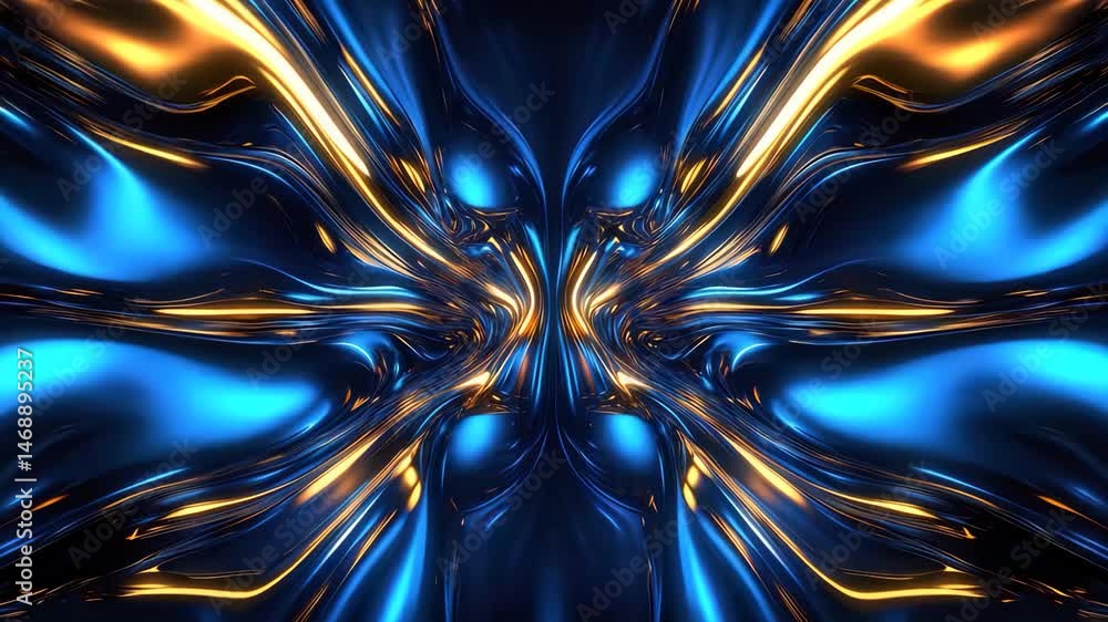 Poster abstract background with symmetrical blue and gold glowing lines creating a dynamic futuristic desig