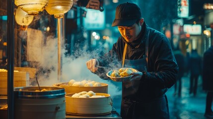 Obraz premium Street vendor prepares steamed dumplings in bustling night market filled with rich aromas and vibrant lights