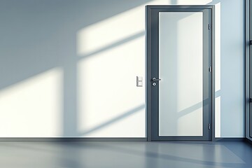 Modern empty room with a dark gray door and bright light. Sunlight casts shadows on a plain wall