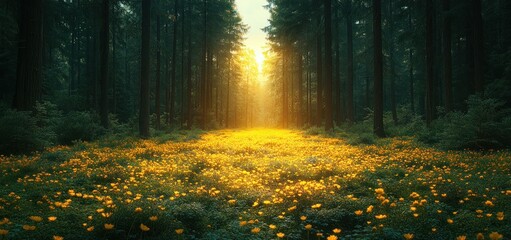 Obraz premium Sunlit Forest Path: A Golden Meadow of Flowers