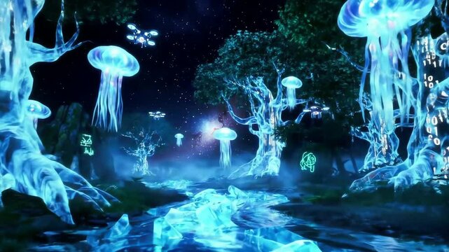 Cyberpunk forest with binary trees and jellyfish lights