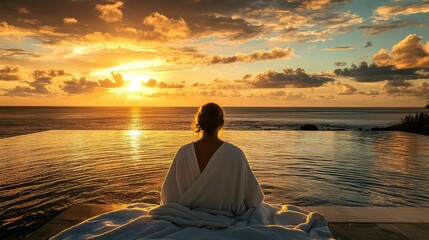 A serene woman reclining by an infinity pool at sunset, wrapped in a soft robe, listening to soothing waves and birdsong.