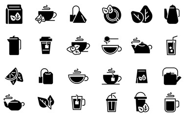 Black tea leaves icons. Hot drink cup, cold iced tea and teapot with steam pictogram icon vector set