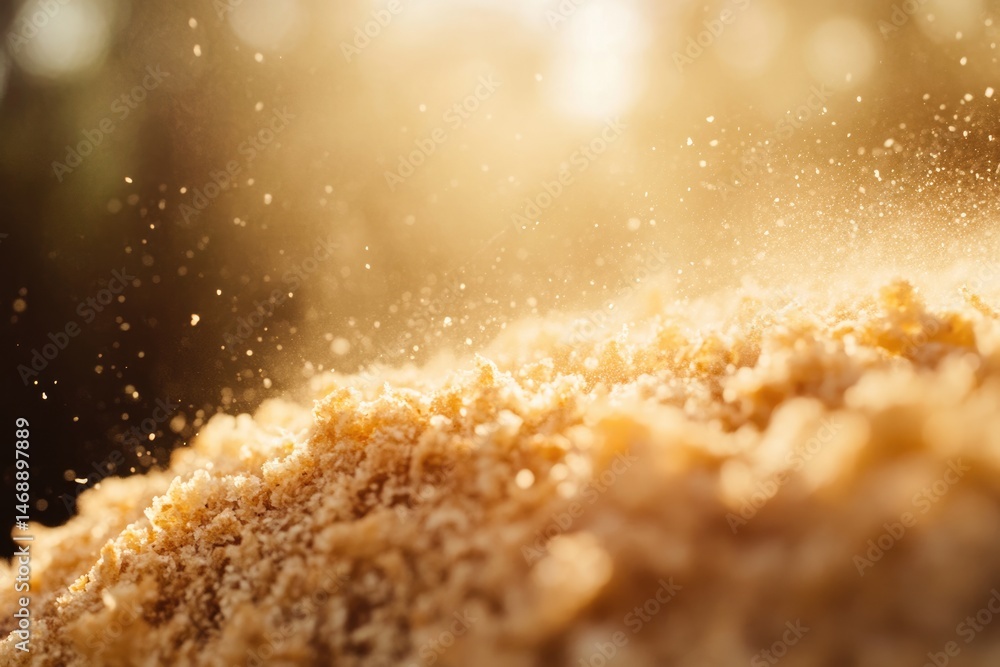 Poster a close-up shot of a heap of golden crumbly texture with light particles falling around in golden su