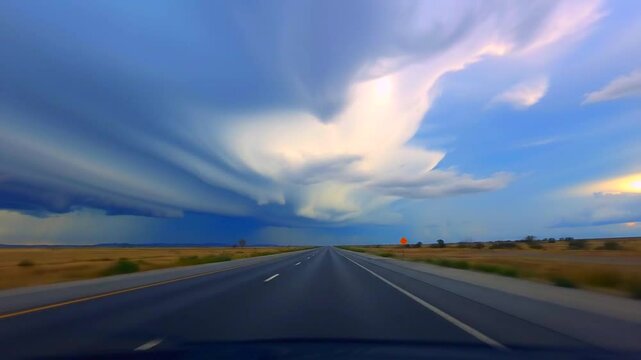 Dark clouds rolling in over an open highway