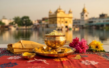 Obraz premium Spring, Amritsar, Punjab ,Fields, Golden Temple glow, India, Golden temple offering ceremony