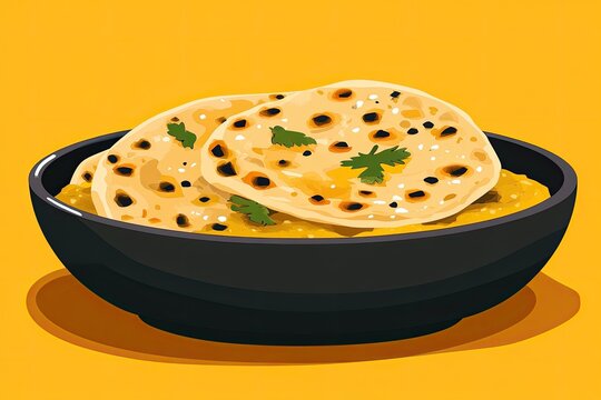 indian naan bread in black bowl, yellow background clip art preview