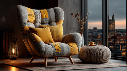 Cozy patterned armchair with cushions in a modern interior setting  