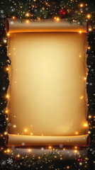 Magische vertikale leere Wunschliste Schriftrolle mit weihnachtlicher Dekoration und Lichtern, altes Papier mit viel Platz f&uuml;r Text