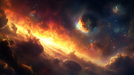 Obraz premium Fiery cosmic landscape with celestial bodies.
