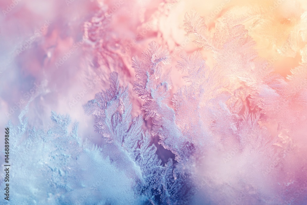 Poster macro photograph of intricate frost patterns forming on a window, with soft pastel colors and a deli