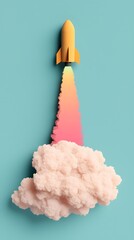 Orange Rocket Launching Through Pastel Pink Cloud Against Teal Background
