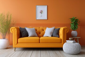 Mustard Yellow Sofa in Warm Living Room with Floral Art