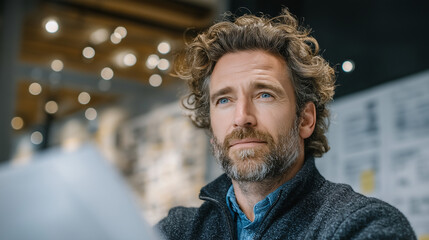 Renter contemplating blueprints in modern office setting  