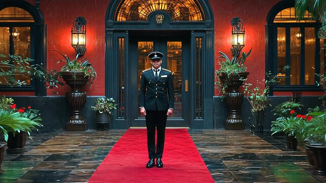 A formal doorman in a military-style uniform stands at attention on a red carpet entrance, surrounded by lush greenery and elegant architecture