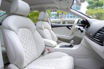Luxury Car Interior: Elegant White Leather Seats and Diamond Stitch Detail
