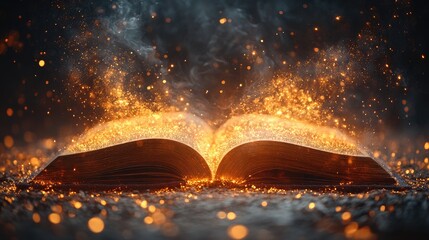 Open book, illuminated by golden sparks