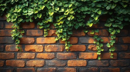 Brick Wall with Lush Green Ivy Vines: A Serene Nature Photography