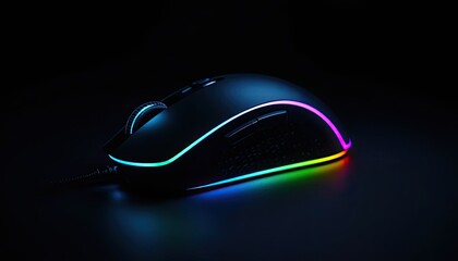 A black gaming mouse with rgb lighting on a dark surface in a low light environment studio shot