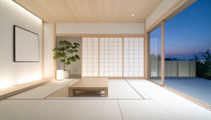 A Japanese-style luxury lounge-style space, with light wood and minimalist lighting