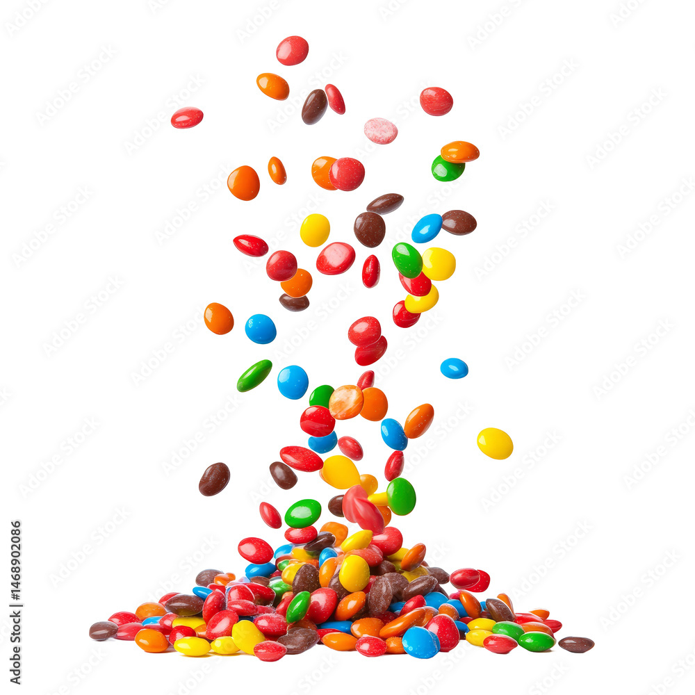 Poster colorful candies in a vibrant cascade falling on a transparent background creating a playful and che