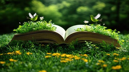Open book with lush greenery and birds
