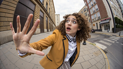 A woman panics as she reaches out her hand on a city street with a cinematic fish-eye effect.