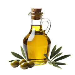 Fresh olive oil in a clear glass bottle with cork, garnished with olives and olive leaves on a transparent background, Olive oil in a glass bottle isolated