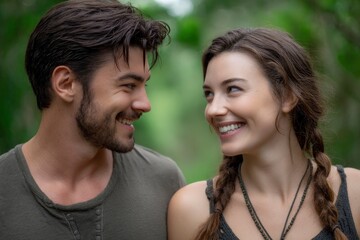 Fototapeta premium Smiling Couple in Nature: A Romantic Outdoor Portrait